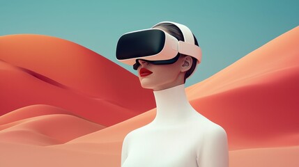 A woman in vr gear standing in a colorful desert scene, envisioning a new reality.