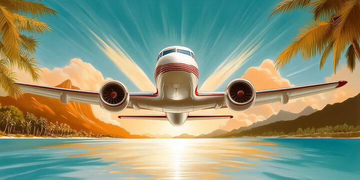 Jet takes flight over tranquil ocean as sunset casts golden glow. Tropical landscape with palm trees and distant mountains enhances the travel theme. Concept of aviation, luxury travel, adventure