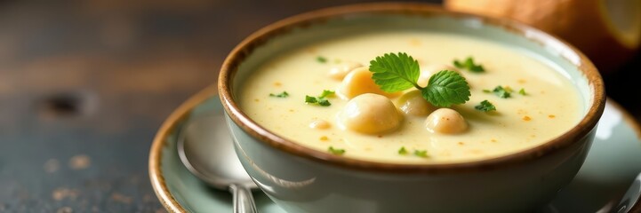Creamy clam chowder, parsley garnish Bowl of soup , bowl, restaurant food, culinary
