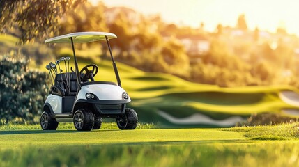 A white golf cart parked on the lush green course during a beautiful, warm sunset.