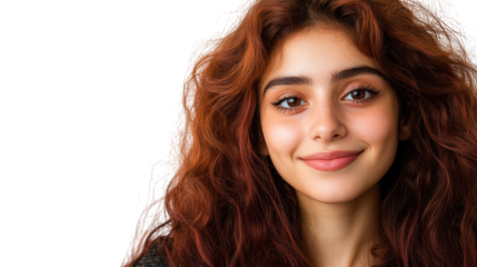 Striking redhead woman with long flowing hair, a portrait in simple black shirt