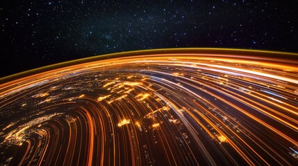 A view of Earth from space at night with illuminated cities connected by bright orange lines representing data connections and network activity.