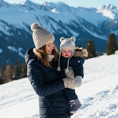 mother and daughter playing in snow