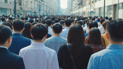 A busy city street with a large group of people walking in different directions