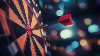 3D rendering of a red dart arrow hitting the bullseye on a darts board with a blurred background in a nightclub