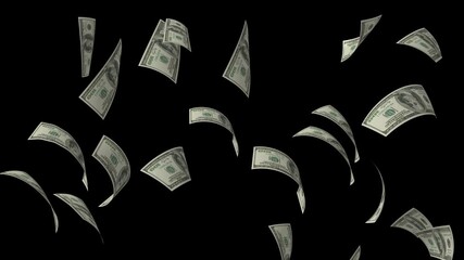 Money falling on black transparent background, Money rain green screen, a falling rain of dollar money with green screen alpha channel horizontal
