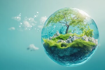 Fototapeta premium 3D rendering of the Earth in a water sphere with bubbles floating around it