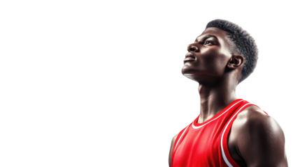 Man in red jersey, a portrait of upward gaze, hope, and inspiration in sportswear