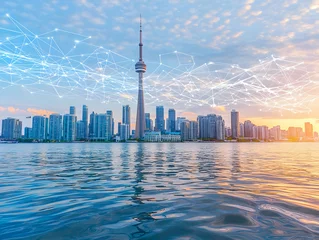 Fototapete Rund Cityscape sunrise, network connections, lake, urban development, technology © Muh Saleh