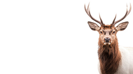 Fototapeta premium Striking deer portrait, majestic white and brown buck on a black background