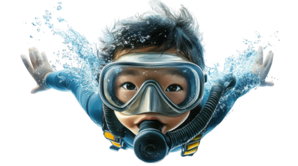 Underwater adventure, boy explores the depths of the ocean with diving mask boy