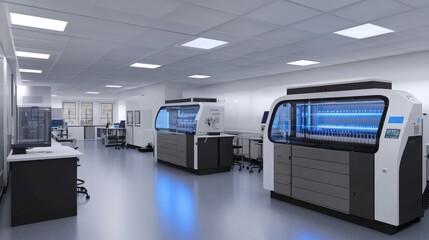 Biotechnology lab with automated pipetting machines handling chemical solutions.