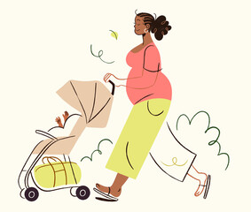 Mother Pushing Pram Character Design Spot Illustration