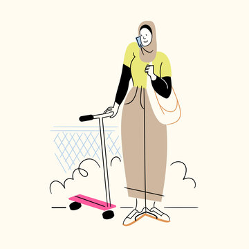 Hijabi Mother Holding Children's Scooter At School Gates Character Design