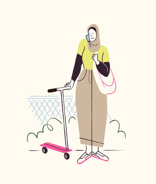 Hijabi Mother Holding Children's Scooter At School Gates Character Design