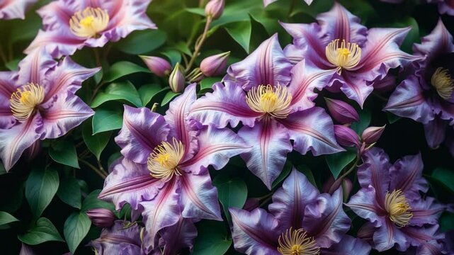 Stunning clematis blossoms at their peak bloom.