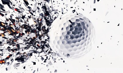 Golf ball exploding mid-air with debris on white background, for sports ads