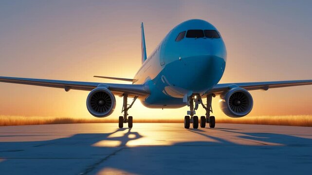 Backlit video of a stationary passenger airplane. The low evening sun casts a long shadow of the aircraft silhouette onto the concrete surface.
