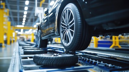 Fototapeta premium Car tire balancing and testing station in an automotive production facility.
