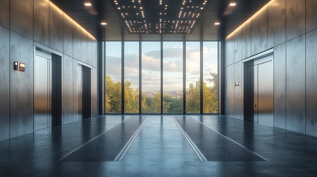 Modern lobby with elevators and a bright window view of nature