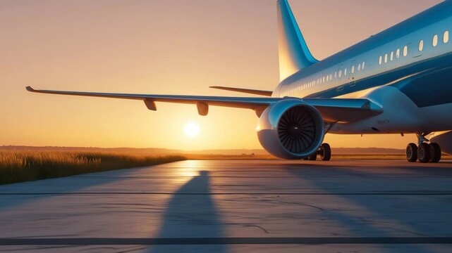 Backlit videograph of a stationary passenger airplane. The low evening sun casts a lengthy shadow of the aircraft's silhouette onto the concrete surface.