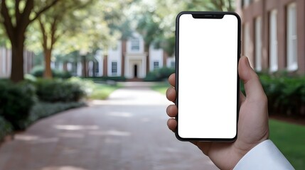 Holding Phone with a Building Background: An arm displaying an open cell phone screen with a view of a traditional building architecture