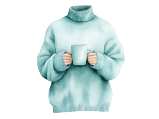 Woman in green sweater holds cup, warm beverage, cozy comfort, relaxation