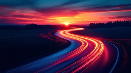 Winding road illuminated by sunset light trails against a dark landscape