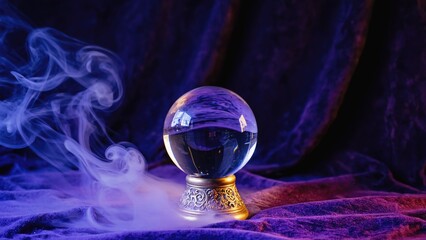 A clear crystal ball sits atop a rich purple cloth, perfect for a mystical or spiritual theme