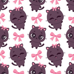 Cute kawaii kittens with big eyes and pink bows. Vector seamless pattern perfect for children's products and apparel.