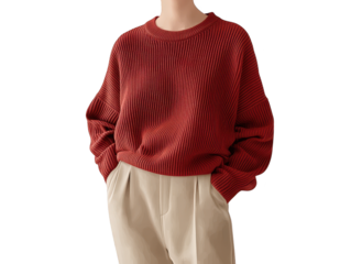 Stylish woman in red sweater and beige pants, a cozy autumn/winter outfit idea. perfect for casual outings or everyday wear. explore trendy fashion ideas comfortable seasonal style statements.