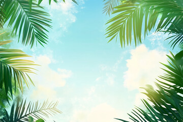 Green palm leaves frame a bright, light-blue sky with soft clouds, creating a tropical, summery scene perfect for travel or vacation branding © PhotoArtHub