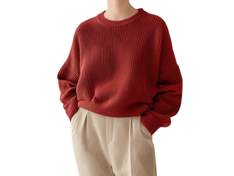 Stylish woman in red sweater and beige pants, a cozy autumn/winter outfit idea. perfect for casual outings or everyday wear. explore trendy fashion ideas comfortable seasonal style statements.