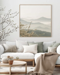 serene living room featuring cozy sofa adorned with soft pillows, round coffee table, and beautiful mountain landscape painting. room is enhanced