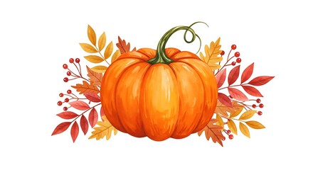 Naklejka premium Autumn Pumpkin with Fall Leaves Watercolor Illustration AI Generated