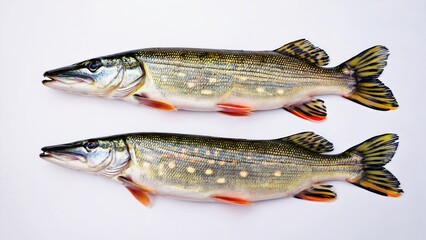 Two large fish sitting side by side on a white surface
