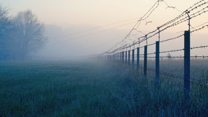 A barbed wire fence in a misty open field, great for backgrounds and atmospheric scenes