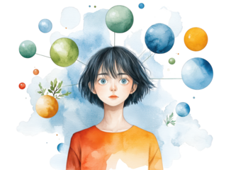 Joyful celebration, woman with colorful balloons in her hair creates a whimsical and festive atmosphere
