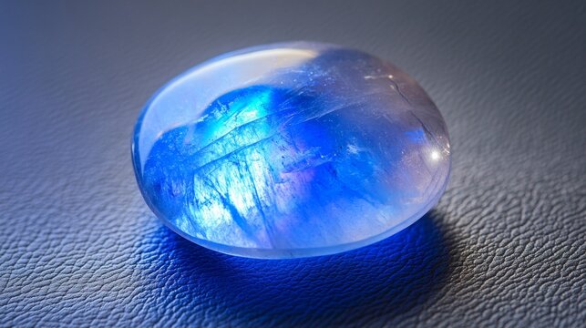 Natural adularia blue sheen oval cabochon moonstone. Loose gem on gray textured real leather background. Feldspar mineral group. Semiprecious gemstone not common relatively rare and expensive specimen