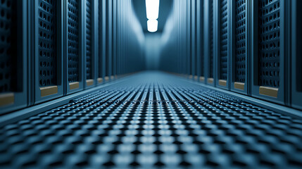 A futuristic data center corridor with illuminated panels and patterned flooring, creating a tech-savvy atmosphere.