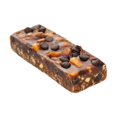 Delicious chocolate energy bar packed with nuts and chocolate chips isolated on transparent white background