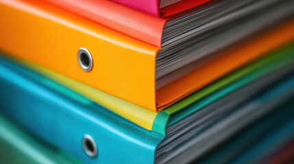 Colorful binders stacked, close-up view.
