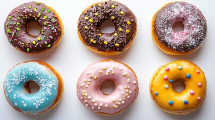 Assorted Colorful Glazed Donuts with Sprinkles and Toppings on Display