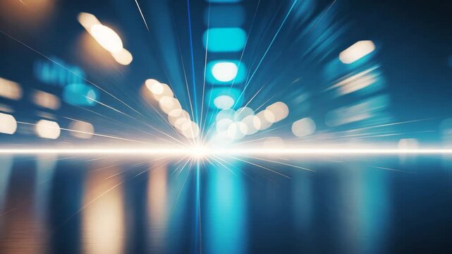 Abstract backdrop of blurred white lights in motion. Shining city background, intense nighttime lighting sparkles, bokeh.
