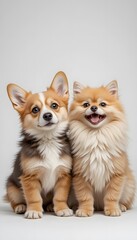 Obraz premium Adorable Pomeranian and Corgi Puppies Sitting Together Studio Shot