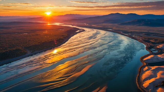 Aerial view from the west of the river, mountains, and wilderness. Vibrant sunset reflecting on the large river seen from above.