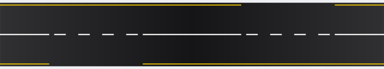 Solid two-lane road markings with dashed and solid white lines and yellow lines for vehicles to exit. Horizontal straight asphalt road. Top view. Template design for educational websites. Vector