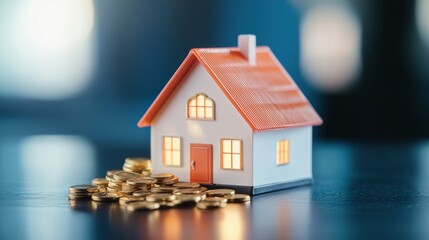 A miniature house sits beside a pile of coins, symbolizing real estate investment and financial growth.