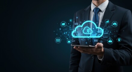 Cloud Computing Technology Businessman Holding Digital Cloud Network on Tablet Innovative Data Storage and Management Solutions