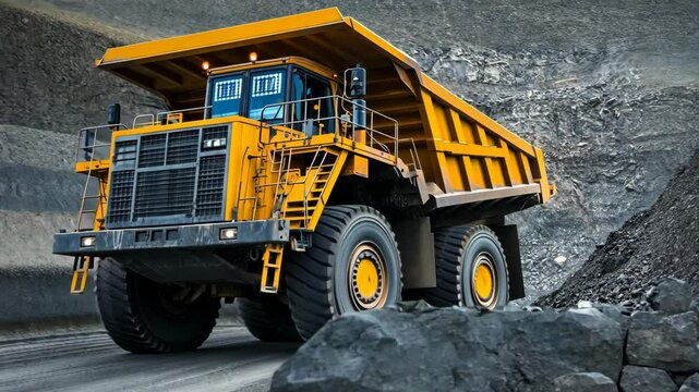 Heavy-duty dump truck transports materials in a mining site during daylight hours for construction and excavation projects